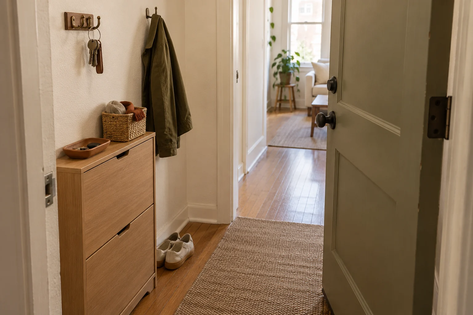 AI-generated narrow apartment entryway with a clear walking path