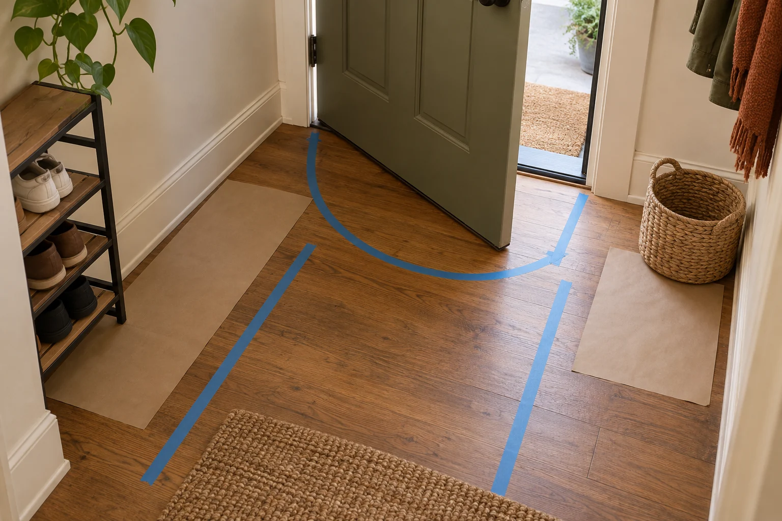 AI-generated planning concept with removable tape and blank paper footprints mapping an entryway door swing and walking lane