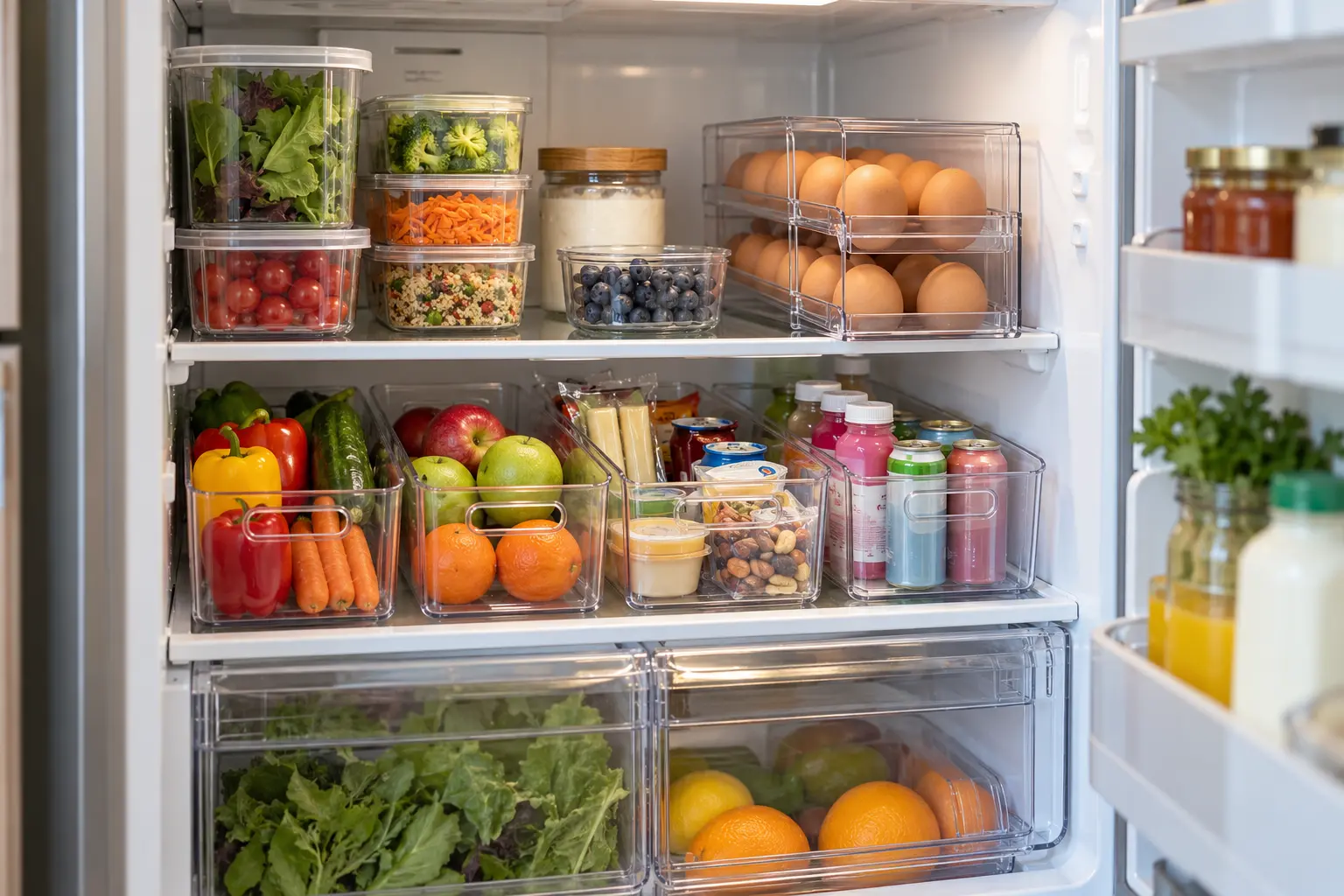 AI-generated compact refrigerator with a generic egg dispenser and clear storage bins