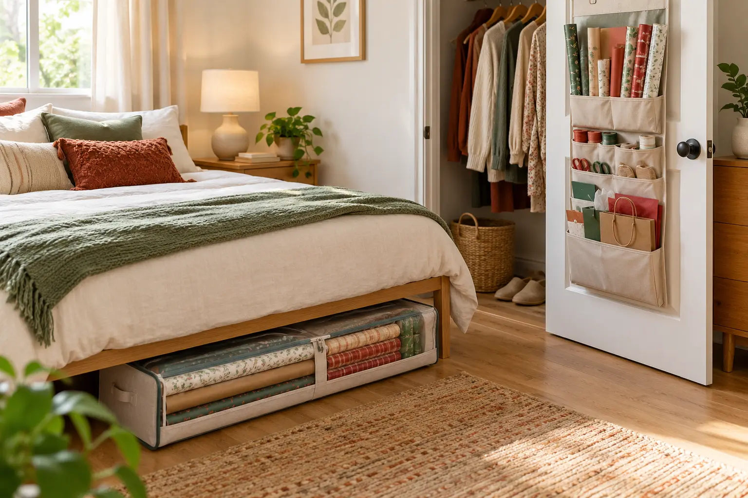 AI-generated cozy bedroom concept with generic under-bed and hanging gift-wrap storage