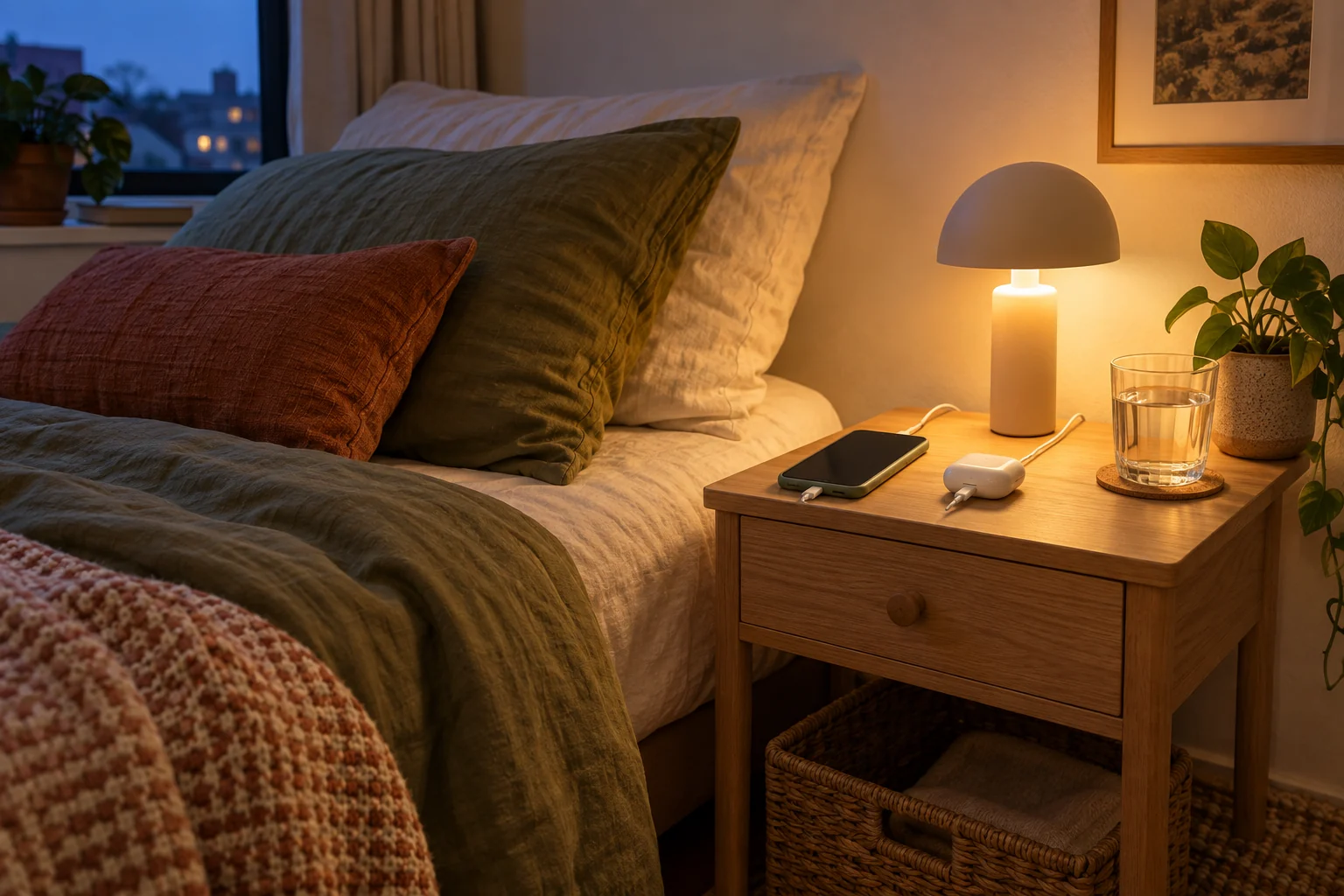 AI-generated cozy compact nightstand with intentional charging spots