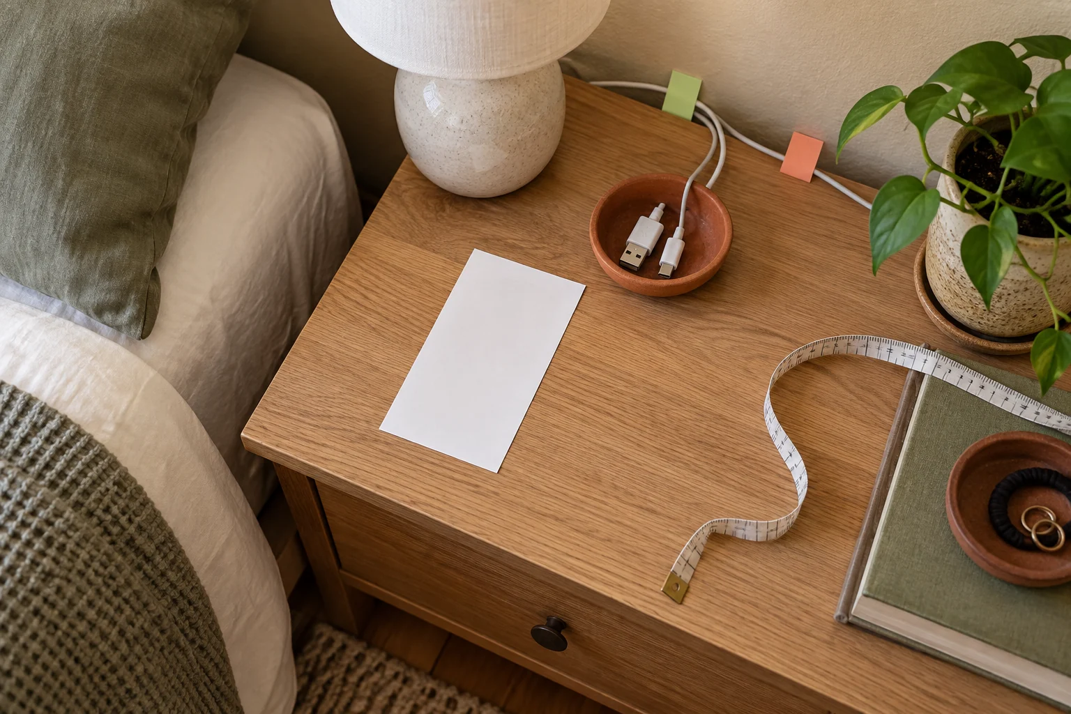 AI-generated nightstand planning concept using a blank paper phone footprint and a bowl to park cable connectors