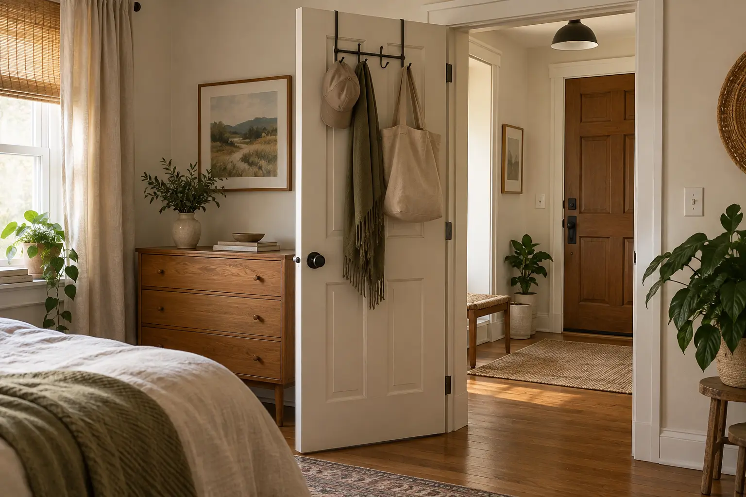 AI-generated cozy apartment concept with a generic organizer on a partly open door