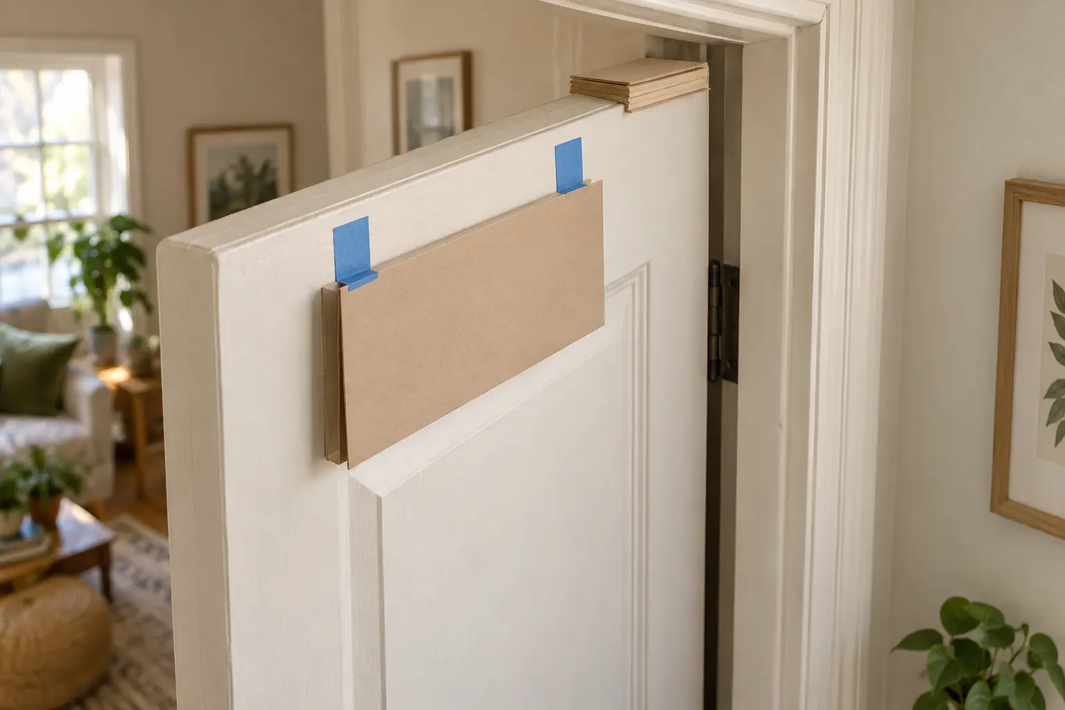AI-generated planning concept showing layered cardstock checking the gap above a partly open door