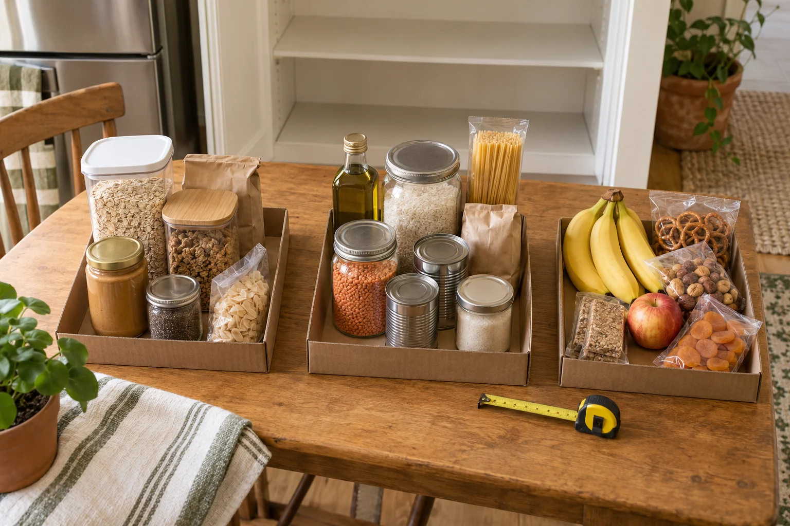 AI-generated pantry planning concept with three groups of generic food inside shallow cardboard trays