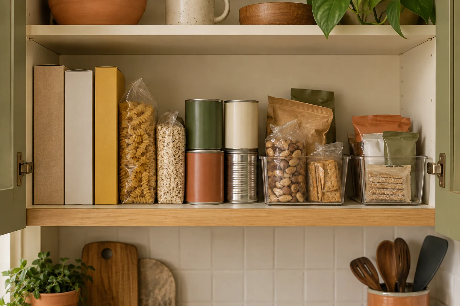 AI-generated one-shelf pantry organized around mixed food packages