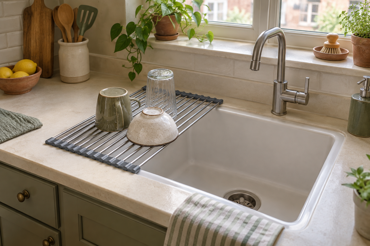 AI-generated small kitchen with a generic roll-up rack spanning part of a sink
