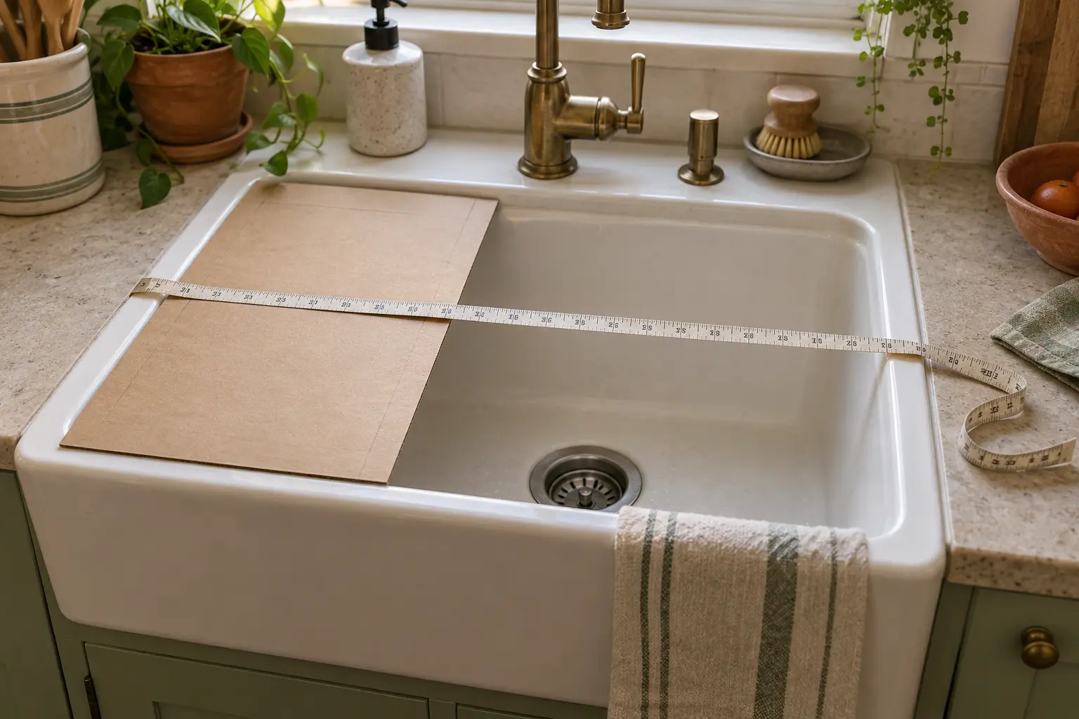 AI-generated concept of a cardboard template and measuring tape checking the span across a kitchen sink