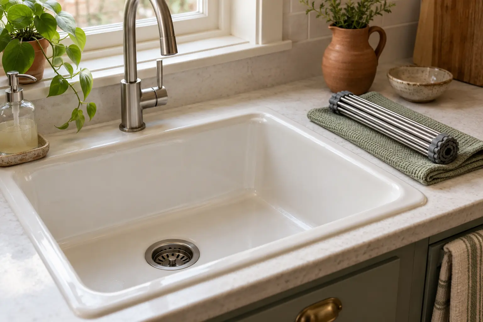 AI-generated concept of a generic roll-up rack resting on a towel beside an open kitchen sink