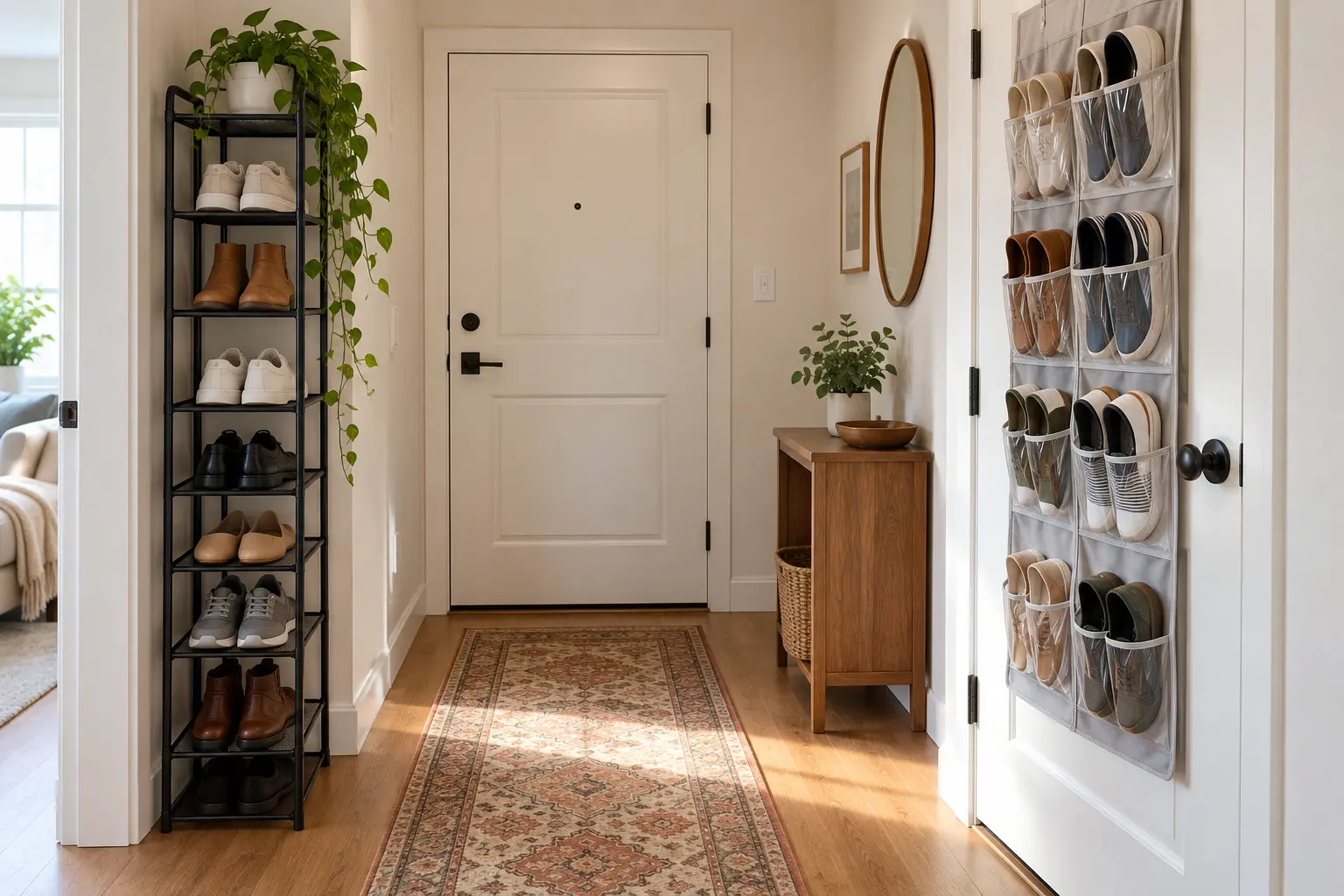 AI-generated small entryway with a generic tall floor shoe rack and over-door shoe pockets