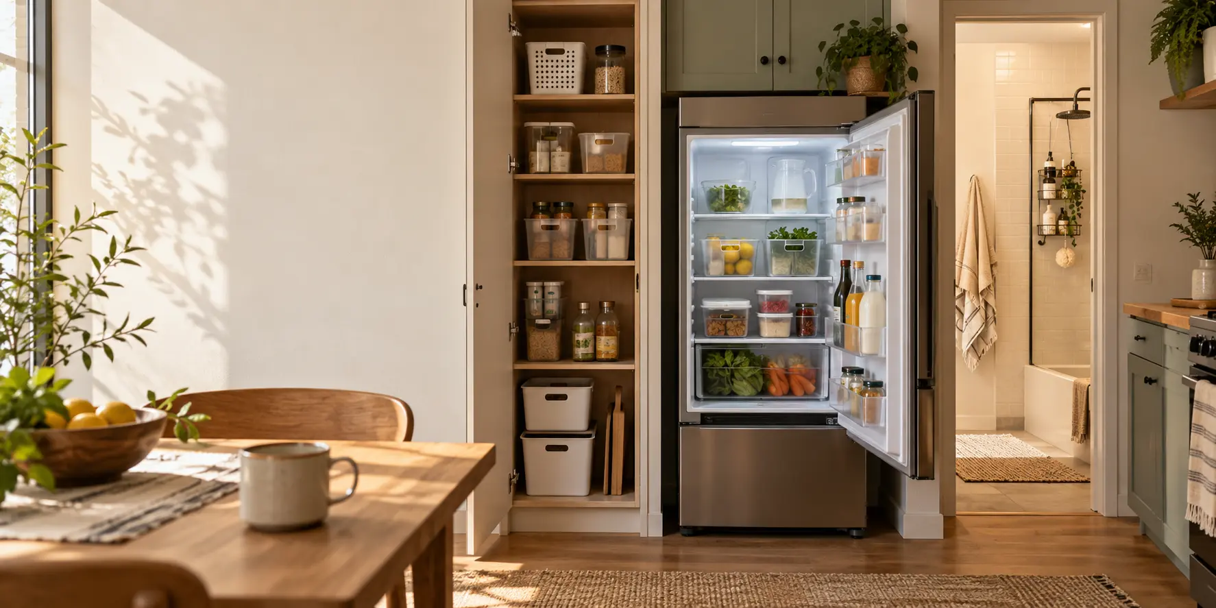 AI-generated compact apartment showing organized kitchen cabinets, refrigerator and shower storage