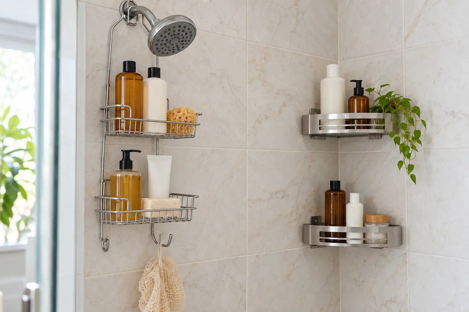 AI-generated shower concept with a generic hanging caddy and adhesive corner baskets