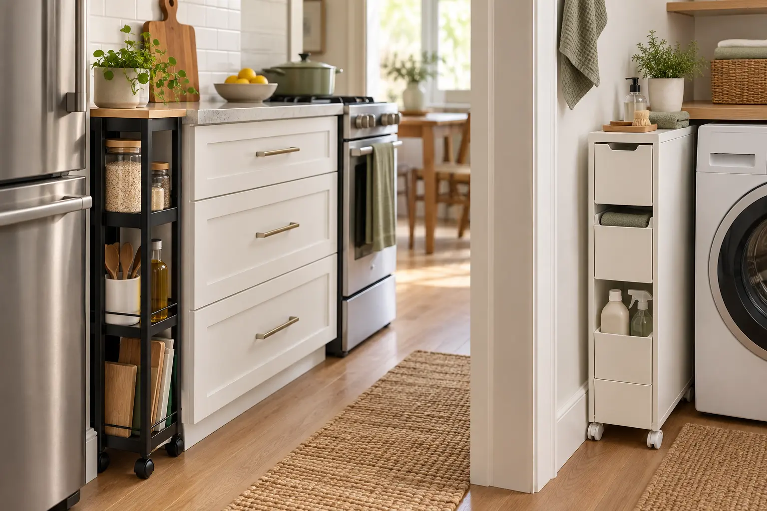 AI-generated compact kitchen and laundry concept with generic narrow rolling carts