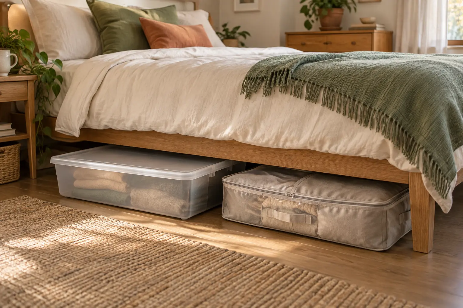 AI-generated cozy bedroom concept comparing a rigid under-bed bin and fabric bag