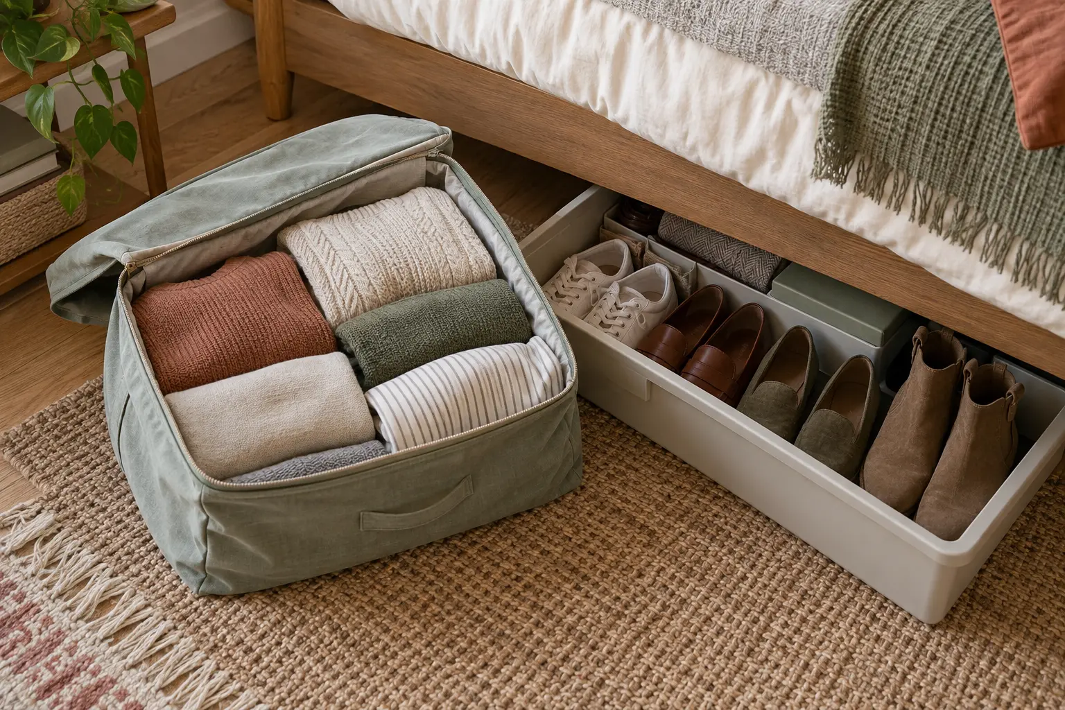 AI-generated comparison concept with folded textiles in a fabric bag and shoes in a rigid bin