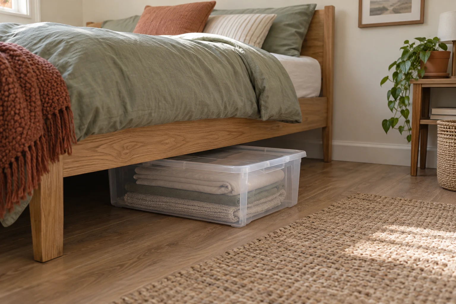 AI-generated room concept showing a generic storage box beneath a bed